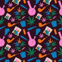 marijuana médicale, accessoires pour fumeurs. bang en verre pour fumer de l'herbe, joint. feuilles de chanvre, huile. concept de légalisation du cannabis et des mauvaises herbes. illustration vectorielle tendance dessinée à la main. modèle sans couture carré vecteur