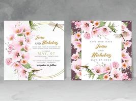carte d'invitation de mariage avec fleur de cerisier et libellule vecteur