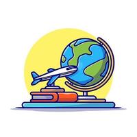 avion miniature avec illustration d'icône de vecteur de dessin animé livre et globe. concept d'icône de transport d'affaires isolé vecteur premium. style de dessin animé plat