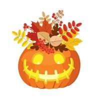 citrouille d'halloween avec un visage souriant, un bouquet de feuilles. vecteur