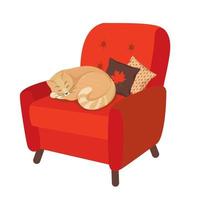 un chat rouge endormi, une chaise rouge, des oreillers. vecteur