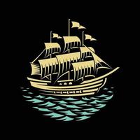bateau pirate - illustration vectorielle dessinée à la main sur fond noir vecteur