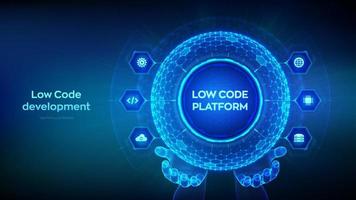plate-forme à faible code. concept de technologie de développement à faible code. codage lcdp facile. sphère de grille hexagonale dans les mains filaires sur fond bleu. illustration vectorielle. vecteur