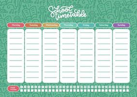 planificateur hebdomadaire pour les enfants sur fond de tableau vert doodle avec articles de fournitures scolaires. illustration vectorielle de doodle pour stationnaire, liste, calendrier, activités parascolaires avec traqueur d'habitudes. vecteur