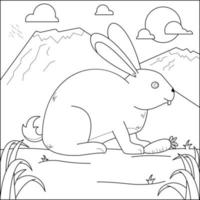 lapin mangeant des carottes dans le jardin adapté à l'illustration vectorielle de page de coloriage pour enfants vecteur
