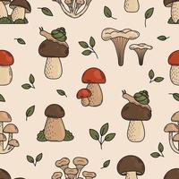 modèle sans couture de champignons mignons doodle. champignons comestibles, ingrédients pour cuisiner, salades. végétarisme. illustration de main de vecteur