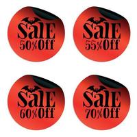 ensemble d'autocollants rouges de vente d'halloween avec chauve-souris 50, 55, 60, 70 % de réduction vecteur