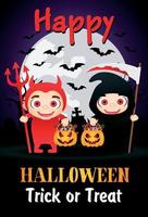 joyeux halloween tromper ou traiter l'affiche avec des enfants en costumes diable et faucheuse. carte de voeux d'halloween vecteur