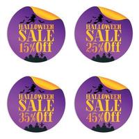 ensemble d'autocollants de vente violet halloween avec sorcière 15, 25, 35, 45 off vecteur