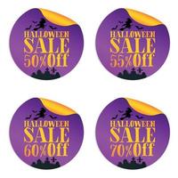 ensemble d'autocollants de vente violet halloween avec sorcière 50, 55, 60, 70 off vecteur