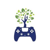 création de logo vectoriel de jeu écologique. conception de logo de nature de feuille fraîche de manette de jeu verte.