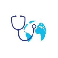 modèle de logo vectoriel de soins mondiaux. signe de globe et modèle de conception de logo vectoriel médecin stéthoscope.