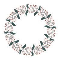 guirlande de Noël dessiné main vecteur isolé sur fond blanc. GUI décoratif doodle, cadre rond. feuilles de houx et baies pour la conception du nouvel an d'hiver, orné et salutations. modèle de Noël