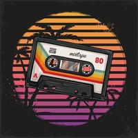 cassette de musique vintage dessinée à la main contre des couchers de soleil rétro avec palmiers, musique de cassettes audio et enregistrements vecteur