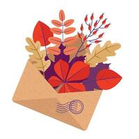 lettre d'automne - une enveloppe artisanale avec des feuilles brillantes et une branche de baies d'églantier. vecteur