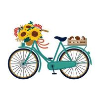 un vélo vert avec un bouquet de tournesols et une récolte de champignons dans une boîte. vecteur