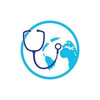 modèle de logo vectoriel de soins mondiaux. signe de globe et modèle de conception de logo vectoriel médecin stéthoscope.