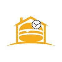 modèle de conception de logo vectoriel de temps de hamburger. gros burger avec création de logo d'icône d'horloge.