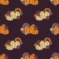modèle sans couture de citrouille groovy hippie halloween. Illustration vectorielle de style vintage des années 70 sur fond violet foncé. fleurs d'automne boho. vecteur