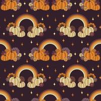 citrouilles et arcs-en-ciel boho halloween motif seamles. automne fleurs groovy illustration vectorielle de style rétro des années 70 fond violet. vecteur