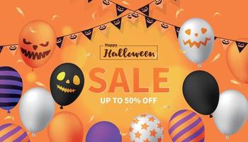 bannière de vente d'halloween avec des ballons d'halloween, des banderoles et plus encore vecteur