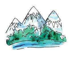 illustration à l'aquarelle et à l'encre dessinée à la main d'un paysage de montagne avec une forêt dans un style de croquis vecteur
