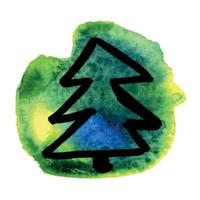 illustration graphique décorative dessinée à la main de l'arbre de noël avec une tache d'aquarelle verte vecteur