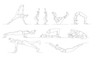 ensemble de jeune femme athlétique mince faisant du yoga et du fitness. mode de vie sain. collection de personnages féminins dessinés sur une ligne démontrant différentes positions de yoga isolées sur fond blanc vecteur