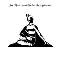 dessin au trait continu. jeune femme faisant des exercices de yoga, photo de silhouette. illustration en noir et blanc dessinée sur une ligne. pose de yoga ardha matsiendrasana vecteur