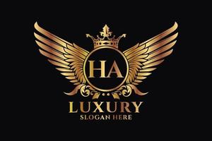 lettre d'aile royale de luxe ha crête vecteur de logo couleur or, logo de victoire, logo de crête, logo d'aile, modèle de logo vectoriel.
