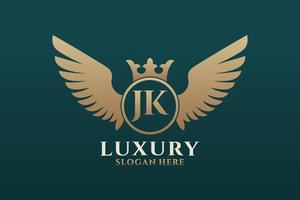lettre d'aile royale de luxe jk crête logo couleur or vecteur, logo de victoire, logo de crête, logo d'aile, modèle de logo vectoriel. vecteur