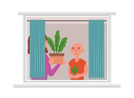 couple avec des plantes dans la fenêtre vecteur