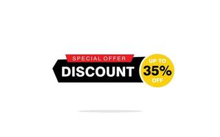 Offre de réduction de 35 %, dédouanement, mise en page de bannière de promotion avec badge autocollant. vecteur