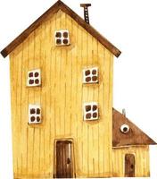 maison en bois jaune en style cartoon, illustration aquarelle vecteur