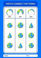 jeu de modèle de match avec globe. feuille de travail pour les enfants d'âge préscolaire, feuille d'activité pour enfants vecteur