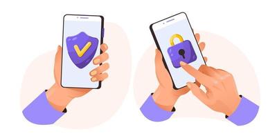 protection des données des utilisateurs. la main tient le téléphone. application mobile d'analyse de données et de comptabilité. gestion de fichiers. illustration vectorielle vecteur