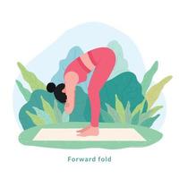 pose de yoga pliée vers l'avant. jeune femme femme faisant du yoga pour la célébration de la journée du yoga. vecteur