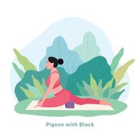 pigeon avec pose de yoga en bloc. jeune femme femme faisant du yoga pour la célébration de la journée du yoga. vecteur