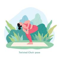 pose de yoga sur chaise torsadée. jeune femme femme faisant du yoga pour la célébration de la journée du yoga.