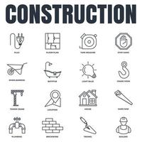 ensemble d'illustration vectorielle de construction icône logo. maison, grue à tour, constructeur, scie à main, prise, plomberie, baignoire et plus modèle de symbole de pack pour la collection de conception graphique et web vecteur