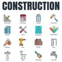 ensemble d'illustration vectorielle de construction icône logo. outils, boîte à outils, perceuse, porte, échantillon de couleur, rouleau de peinture, seau de peinture et plus modèle de symbole de pack pour la collection de conception graphique et web vecteur