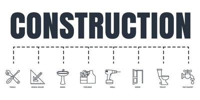 ensemble d'icônes web de bannière de construction. toilettes, robinet de robinet, outils, boîte à outils, perceuse, porte, crayon et règle, concept d'illustration vectorielle d'éviers. vecteur