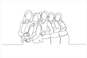 illustration d'une équipe d'amies ou de collègues de bureau debout près les uns des autres. style d'art d'une ligne vecteur