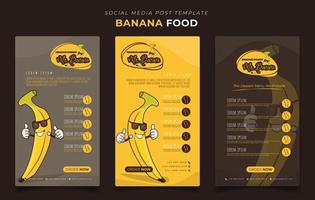 modèle de publication sur les médias sociaux avec banane souriante à l'aide de lunettes pour la conception de publicité alimentaire à la banane vecteur