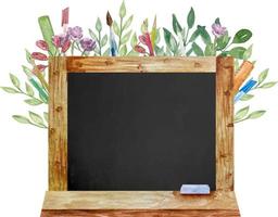 tableau noir d'école d'aquarelle dans un cadre en bois avec des fleurs et de l'herbe vecteur