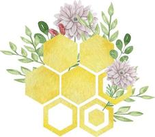 peignes de grandes abeilles colorées à l'aquarelle avec des fleurs et des feuilles isolées sur fond blanc. vecteur