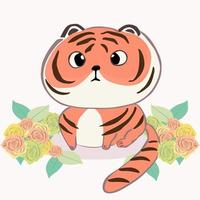 mignon bébé tigre avec des fleurs vecteur