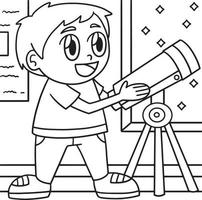 garçon utilisant une page de coloriage de télescope pour les enfants vecteur