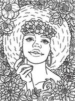 fille afro-américaine avec une couronne de fleurs à colorier vecteur