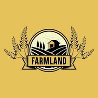 cette image sur fond marron est un logo emblème de couleur foncée mettant en œuvre un style classique vintage rustique qui représente un champ agricole pouvant être utilisé pour une entreprise ou un produit agricole lié à la ferme